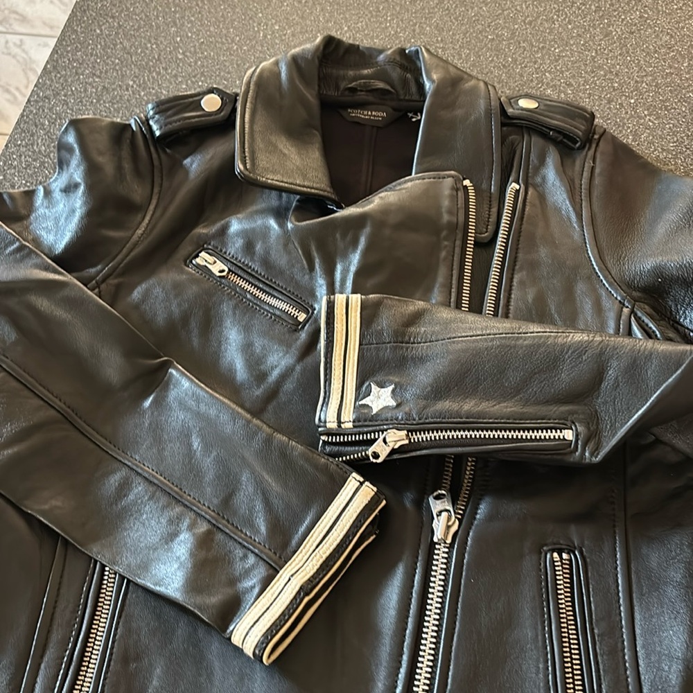 Scotch and soda sheep leather jacket with star embellishment on sleeve